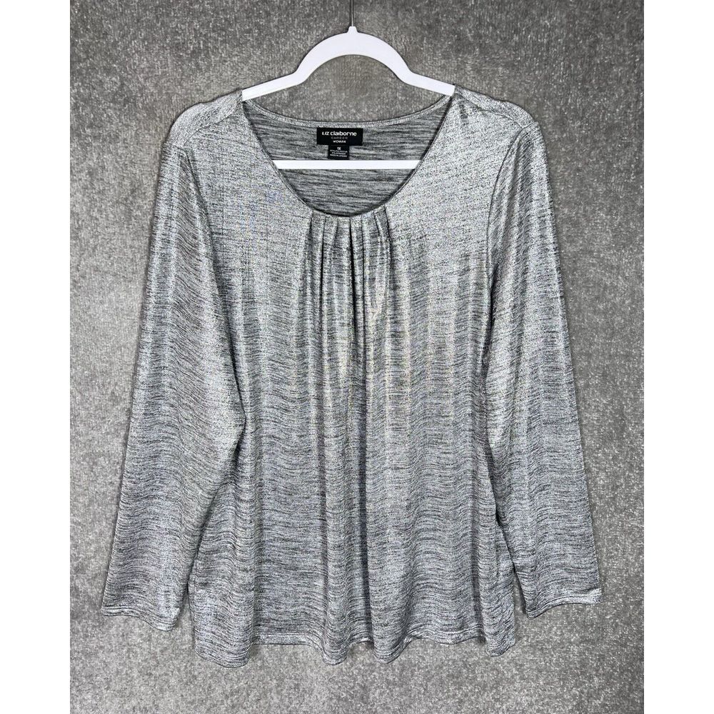 Liz Claiborne Career Pleated Silver Metallic Long Sleeve Knit Top Womens Size 1X